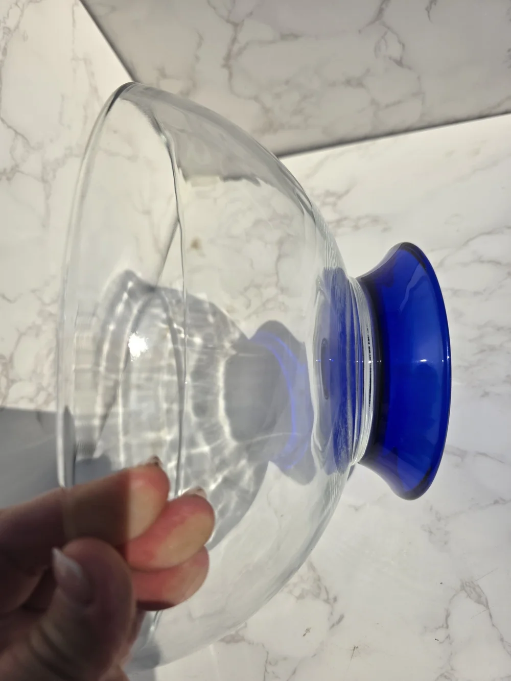 Clear Glass Bowl with Cobalt Blue Pedestal Base